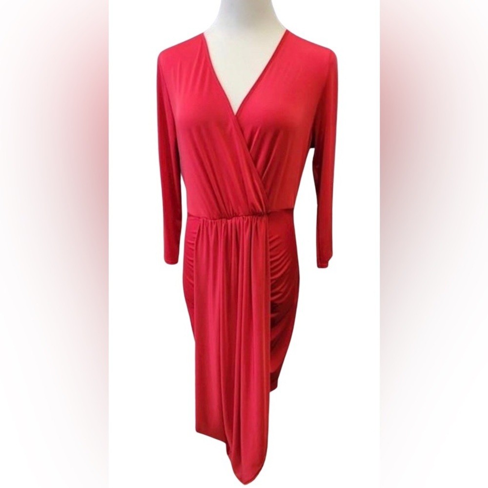 NWT CLUB L LONDON Jersey Overlay Stretch Sateen High Low Dress Red Sz 12 $130